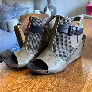 Wedge Peep-Toe Ankle Boot in Olive with Black Accent